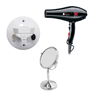 Kit Beauty Secador Profissional com Suporte Parede e Espelho de Base Panther (PTH130/2009-B/PTH326)