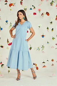 Vestido Jeans  Claro Babado Maxi Midi Moda Evangelica