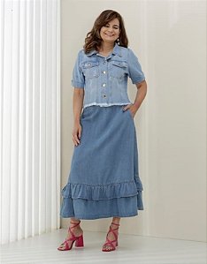 Saia Jeans Midi Cintura Alta com Babados