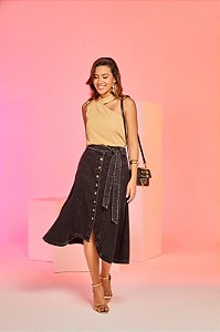 Saia Jeans Black Midi Assimetrica Moda Evangelica Feminina