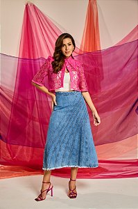 Saia Jeans Midi Evasê com Drapeados Moda Evangélica Feminina