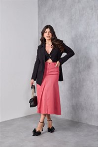 Saia Sarja Midi Rosa Cintura Alta Bolsos Moda Evangélica Feminina