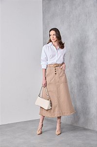 Saia Midi Evasê Caqui Sarja Elegante Moda Evangélica Feminina