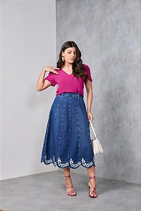 Saia Jeans Bordado  Recortes Evase Moda Evangélica Feminina