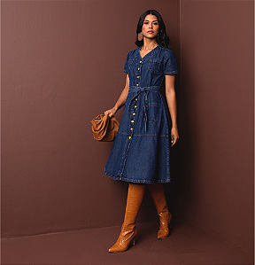 Vestido Jeans Midi Rodado com Botões e Cinto Feminino