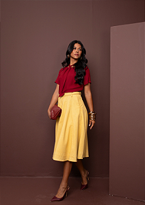 Saia Midi Amarela em Sarja de Algodão – Moda Evangélica Feminina de Luxo