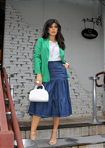 Saia Midi em Jeans com Camadas Volumosas