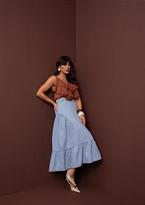Saia Jeans Evase Babados  Midi Moda Feminina Evangélica