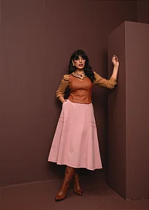 Saia Midi Rosa Sarja Rodada Moda Feminina