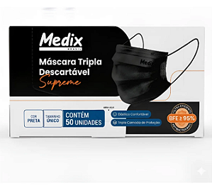 Máscara Preta Tripla Camada C/ Elástico Medix 50un.