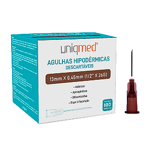 Agulha Hipodermica 26G 13x0,45mm Marrom Uniqmed 100 uni