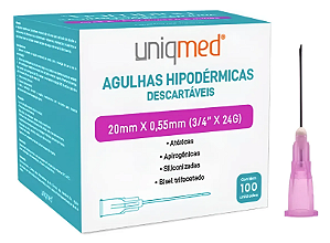 Agulha Hipodermica 24G 20x0,55mm Roxa Uniqmed 100 uni