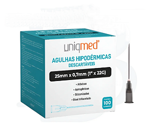 Agulha Hipodermica 22G 25x0,70mm Preta Uniqmed 100 uni