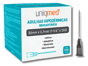 Agulha Hipodermica 22G 30x0,70mm Cinza Uniqmed 100 uni