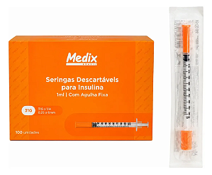 Seringa Insulina c/ Agulha 6x0.25 31G 1 ml Medix 100 uni