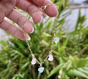 Pulseira Água Marinha e Quartzo Rosa - Dourada