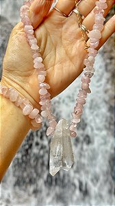 Colar Quartzo Rosa com Quartzo Cristal - Dourado