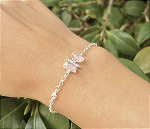 Pulseira Borboleta Quartzo Rosa - Prata
