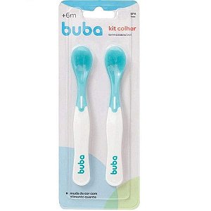 Kit Colher De Treinamento Bebê Curvada Termossensível Buba - Azul