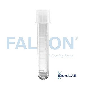 Tubo Falcon 17x100mm, capacidade de 14ml, poliestireno cristal, fundo redondo, tampa de pressão, estéril, Caixa com 500 unidades 352057 (Falcon)