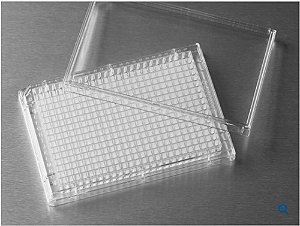 Microplaca para ensaios, 384 poços, fundo plano, PS, transparente, não tratada, sem tampa, não estéril, caixa com 100 unidades., Mod. 3702 (Corning)