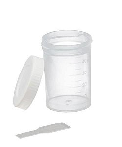 Coletor Universal 50 mL, Com Pá, Não Estéril, Frasco Transparente e Tampa Branca, Graduado, pacote 100 unidades, mod.: CLT50SM (Cralplast)