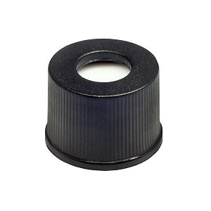 Tampa Plástica de rosca 8 mm, preta, com septo em PTFE/silicone, furo central com 5.5 mm, caixa com 100 unidades, mod.: BCN8 (Filtrilo)