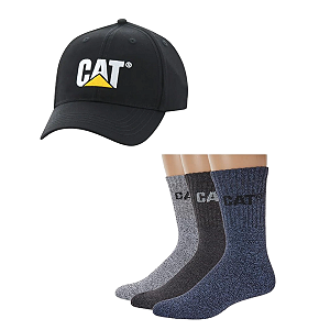 KIT CATERPILLAR 3 PARES DE  MEIAS E 1 BONE PRETO E AMARELO