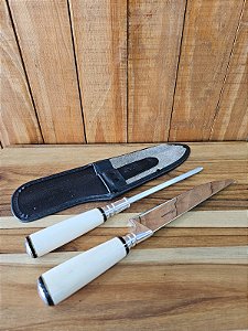Conjunto Faca e Chaira 8" Aço Cirúrgico Cabo de Osso