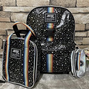Conjunto de mochila listrada com padrão de estrela da justiça, estrelas pretas