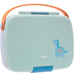 Lancheira Bento Box com talher inox Marmita Magic Dino Buba Verde Azul com alça lanche Dinossauro menino infantil