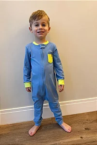 Macacão Zíper 2 Vias Azul Jeans com detalhes Neon com Punho - Welpie