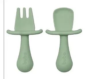 Kit Talher Garfo E Colher Silicone Introdução Alimentar - Buba/ Verde