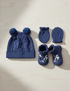 Kit Bebê Recém Nascido Rn Gorro Luva Sapatinho Pimpolho - Azul Jeans