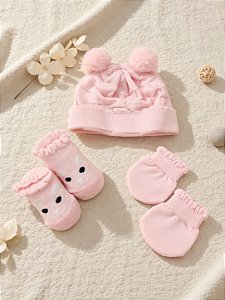 Kit Bebê Recém Nascido Rn Gorro Luva Sapatinho Pimpolho - Rosa