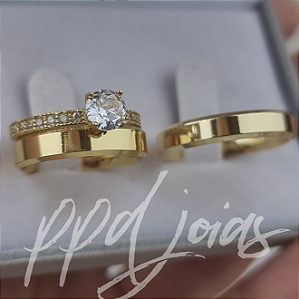 Kit Alianças com Solitário - 3 Camadas Ouro 18k