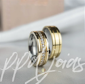 Par de Alianças Cravejada (6mm) - Moeda Antiga