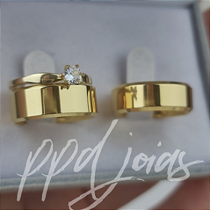 Kit (30) Par de Alianças + Solitário - 3 Camadas de Ouro 18k
