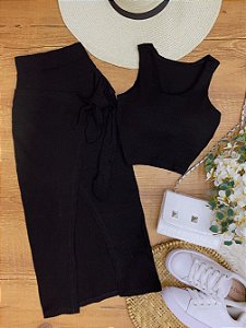 Conjunto Saia Fenda e Cropped Pamela Preta