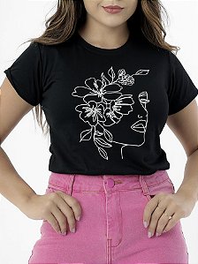 Tshirt Algodao Rosto Flores Preta