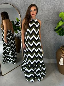 Vestido Longo Pandora Chevron Verde/Preto