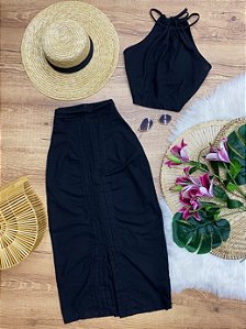 Conjunto Saia e Cropped Theodora Preto