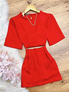 Conjunto Short-Saia e Cropped Loren Vermelho