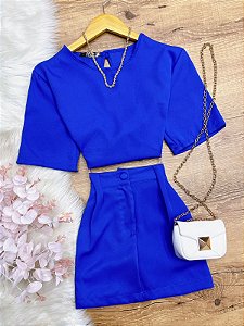 Conjunto Short-Saia e Cropped Loren Azul Bic