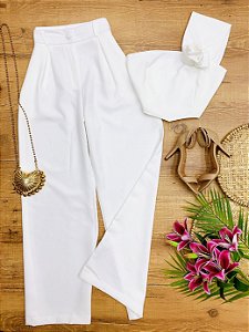 Conjunto Calca e Cropped Rosa Paris Branco