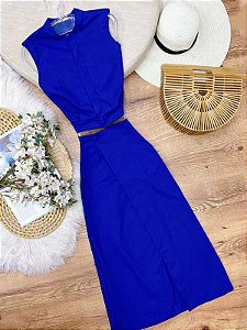 Conjunto Saia Envelope e Cropped Heloisa Azul Bic