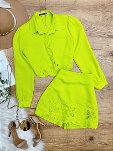 Conjunto Short-Saia e Camisa Cropped Hellen Verde Lima