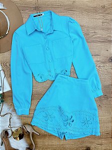 Conjunto Short-Saia e Camisa Cropped Hellen Azul