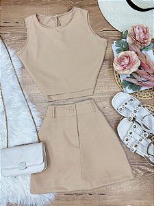 Conjunto Short-Saia e Cropped Priscila Nude