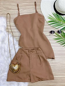 Conjunto Short e Cropped Assimetrico Larissa Marrom